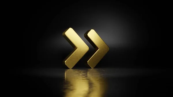Gold metal symbol of angle double right 3D rendering with blurry reflection on floor with dark background — Stock Photo, Image