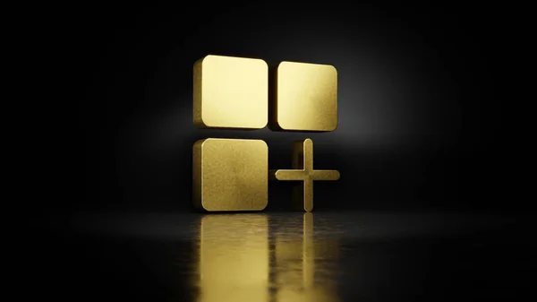 Gold metal symbol of mobile app 3D rendering with blurry reflection on floor with dark background — Stock Photo, Image