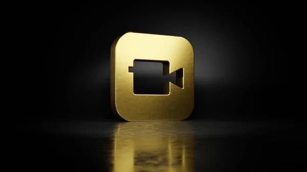 Gold metal icon of camera app 3D rendering with blurry reflection on floor with dark background — Stock Photo, Image