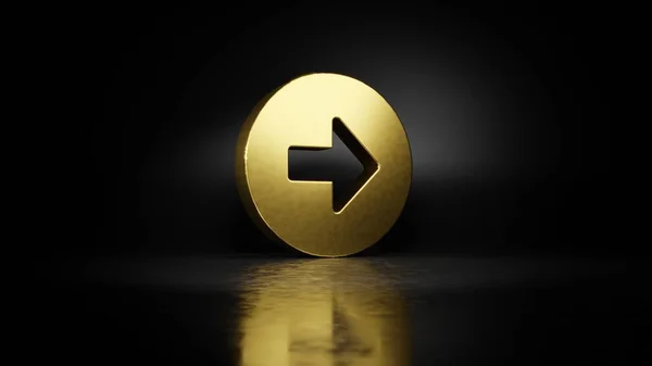 Gold metal symbol of right arrow in circle 3D rendering with blurry reflection on floor with dark background — Stock Photo, Image