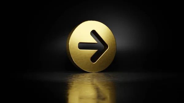 Gold metal symbol of right arrow in circle 3D rendering with blurry reflection on floor with dark background — Stock Photo, Image