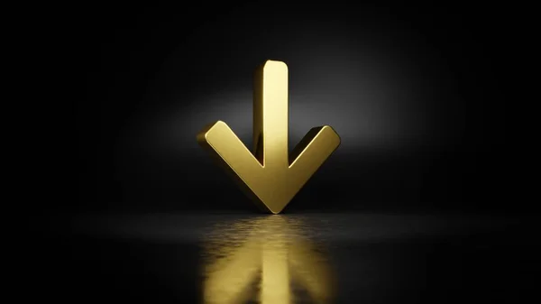 Gold metal symbol of arrow down 3D rendering with blurry reflection on floor with dark background — Stock Photo, Image