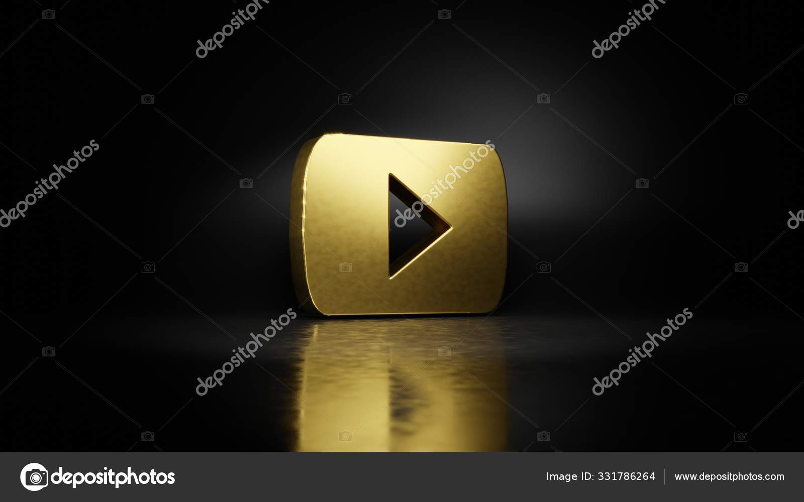 Youtube标志的金金属符号3d渲染 在深色背景的地板上反射模糊 图库照片 C Destrosvet Gmail Com