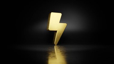 Yıldırımın altın metal sembolü. Zeminde koyu arkaplan ile bulanık yansıması olan 3D yıldırım.
