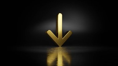 Aşağıdaki 3 boyutlu okun altın metal sembolü. Zeminde koyu arkaplanda bulanık yansıması var.