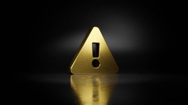 Ünlem üçgeninin altın metal sembolü. Zeminde koyu arkaplan ile bulanık yansıması olan 3D.