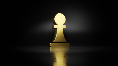 Satranç piyonunun altın metal sembolü. Zeminde koyu arkaplanda bulanık yansıması olan 3D piyon.