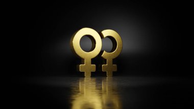 Venüs 'ün çift boyutlu altın metal sembolü. Zeminde koyu arkaplanda bulanık yansıması var.