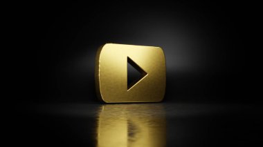 Youtube logosunun altın metal sembolü. Zeminde bulanık yansıması ve koyu arkaplanı var.