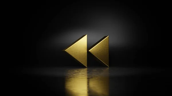 Gold metal symbol of double left arrows  3D rendering with blurry reflection on floor with dark background — Stock Photo, Image