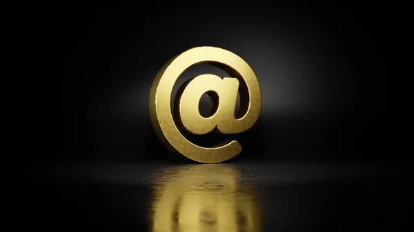 Gold metal symbol of at sign 3D rendering with blurry reflection on floor with dark background — Stock Photo, Image