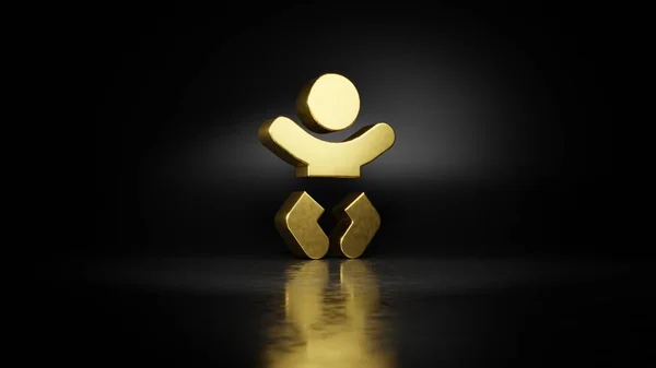 Gold metal symbol of baby 3D rendering with blurry reflection on floor with dark background — 스톡 사진