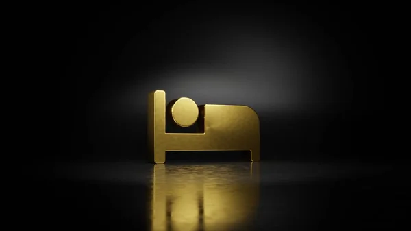 暗い背景を持つ床にぼやけた反射とベッド3Dレンダリングの金の金属記号 — ストック写真