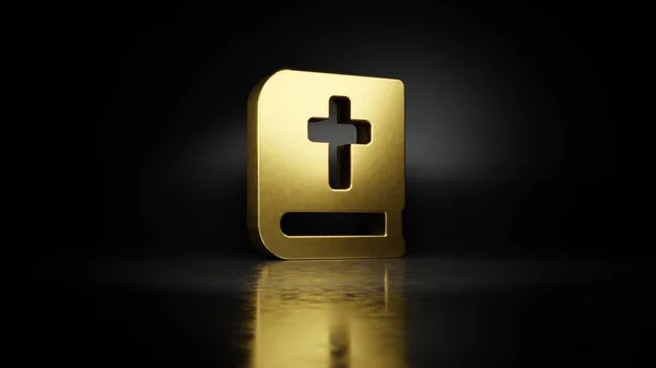 Gold metal symbol of bible 3D rendering with blurry reflection on floor with dark background — Stock Photo, Image