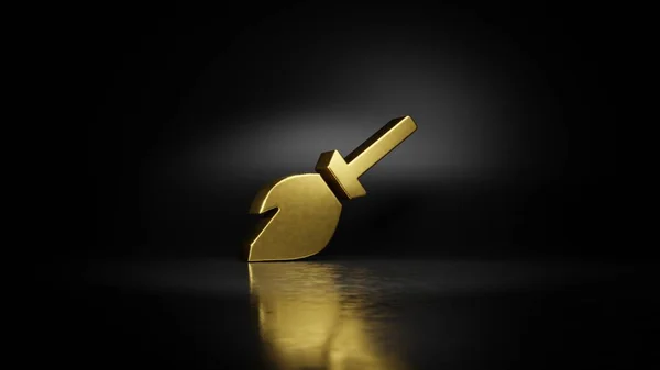 Gold Metall Symbol des Besen 3D-Rendering mit verschwommener Reflexion auf dem Boden mit dunklem Hintergrund — Stockfoto