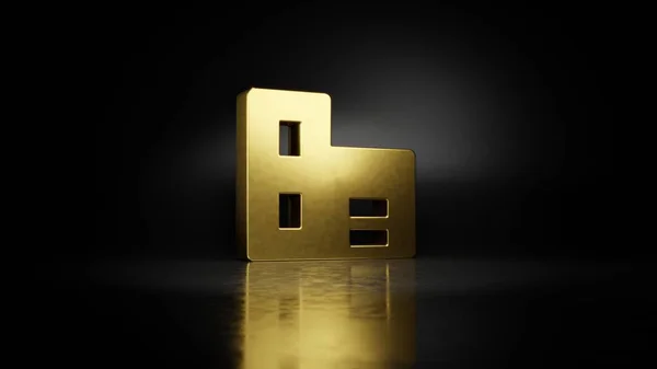 Gold metal symbol of building 3D rendering with blurry reflection on floor with dark background — Stock Photo, Image