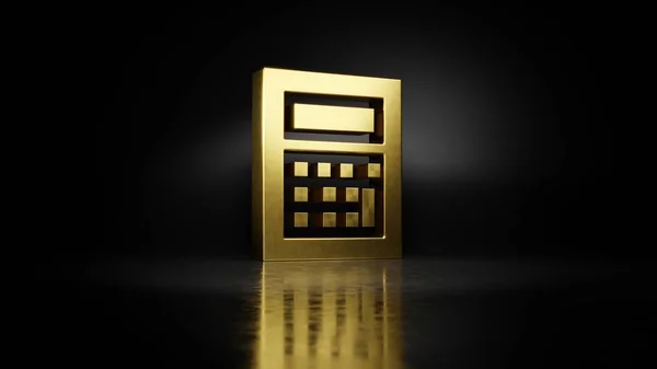 Gold metal symbol of calculator 3D rendering with blurry reflection on floor with dark background — Stock Photo, Image