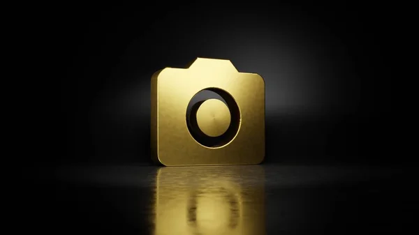 Gold Metall Symbol der Kamera 3D-Rendering mit verschwommener Reflexion auf dem Boden mit dunklem Hintergrund — Stockfoto