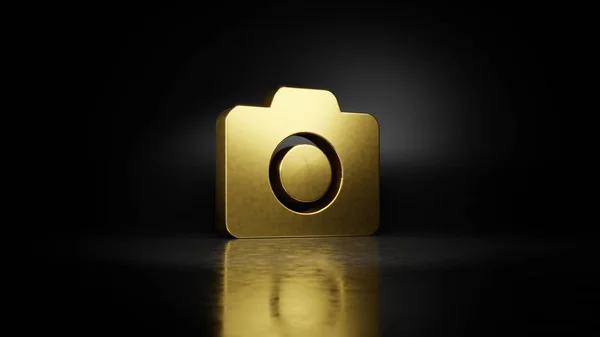 gold metal symbol of camera 3D rendering with blurry reflection on floor with dark background