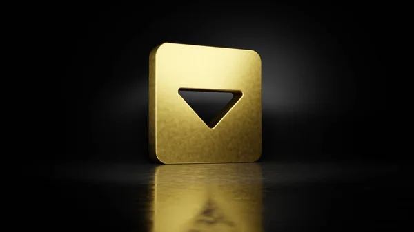 Gold metal symbol of caret square down 3D rendering with blurry reflection on floor with dark background — Stock Photo, Image