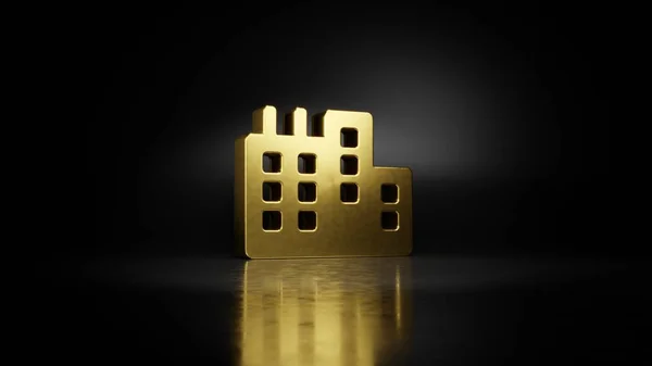 Gold metal symbol of city 3D rendering with blurry reflection on floor with dark background — Stock Photo, Image