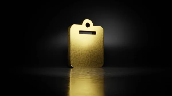 Gold metal symbol of clipboard 3D rendering with blurry reflection on floor with dark background — Stock Photo, Image