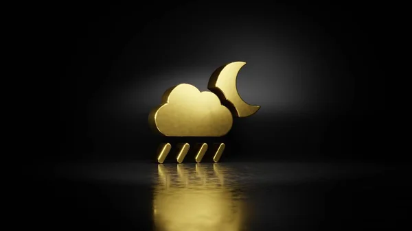 gold metal symbol of rainy cloud moon 3D rendering with blurry reflection on floor with dark background