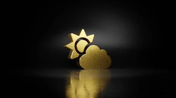 Złoty metalowy symbol chmury słońca 3d renderowania z rozmytym odbiciem na podłodze z ciemnym tle — Zdjęcie stockowe