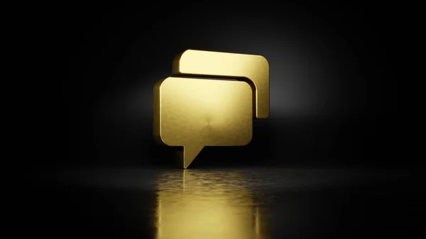 Gold metal symbol of two rectangular rounded chat bubbles 3D rendering with blurry reflection on floor with dark background — Stock Photo, Image