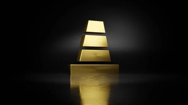 Gold metal symbol of cone 3D rendering with blurry reflection on floor with dark background — 스톡 사진