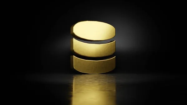 Gold metal symbol of database 3D rendering with blurry reflection on floor with dark background — Stock Photo, Image