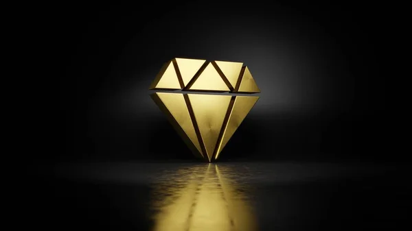 Pırlanta 3d 'nin altın metal sembolü. Zeminde bulanık yansıması ve koyu arkaplanı var.