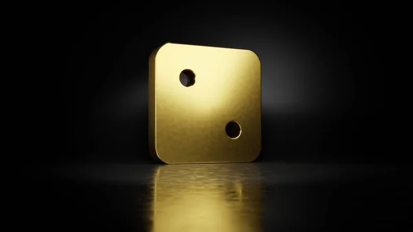Gold metal symbol of dice two 3D rendering with blurry reflection on floor with dark background — Stock Photo, Image