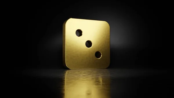 gold metal symbol of dice three 3D rendering with blurry reflection on floor with dark background