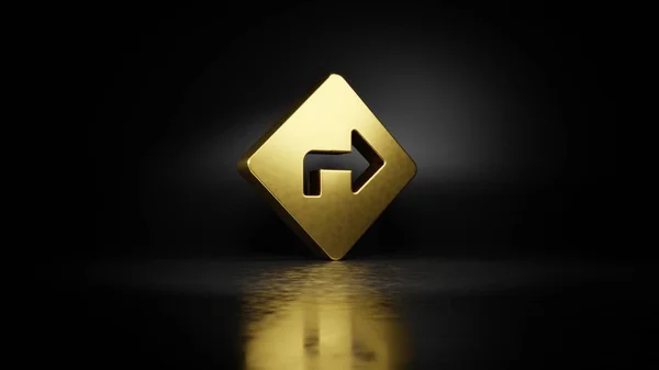 Gold metal symbol of directions 3D rendering with blurry reflection on floor with dark background — Stock Photo, Image