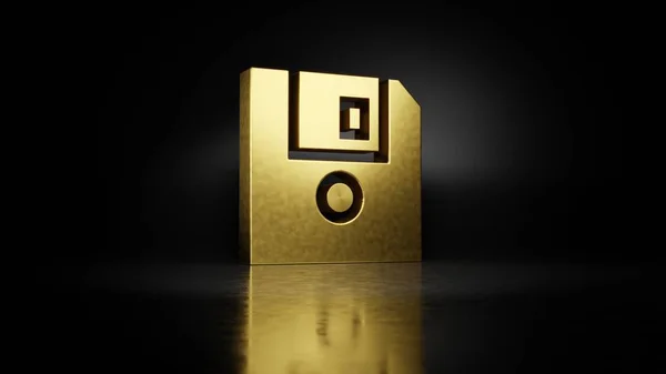 Gold metal symbol of diskette 3D rendering with blurry reflection on floor with dark background — Stock Photo, Image