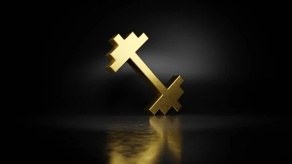 Gold metal symbol of dumbbell 3D rendering with blurry reflection on floor with dark background — Stock Photo, Image