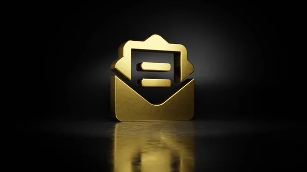 Gold metal symbol of envelope open text 3D rendering with blurry reflection on floor with dark background — Stock Photo, Image