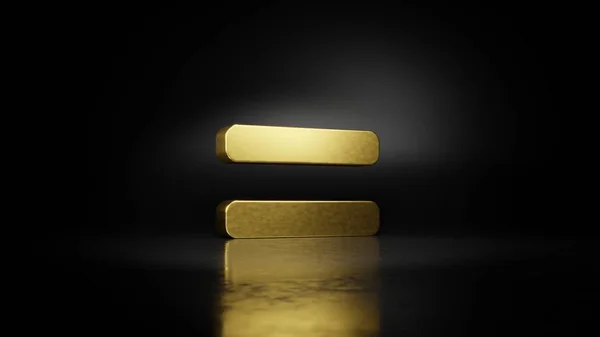 Gold metal symbol of equals 3D rendering with blurry reflection on floor with dark background — Stock Photo, Image