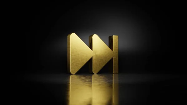 Gold metal symbol of fast forward 3D rendering with blurry reflection on floor with dark background — Stock Photo, Image