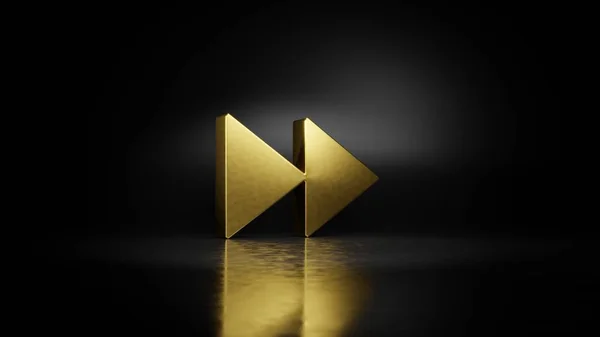 Gold metal symbol of fast forward 3D rendering with blurry reflection on floor with dark background — Stock Photo, Image