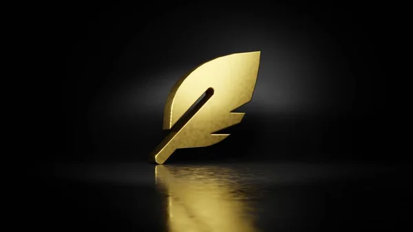 Gold metal symbol of feather  3D rendering with blurry reflection on floor with dark background — Stock Photo, Image