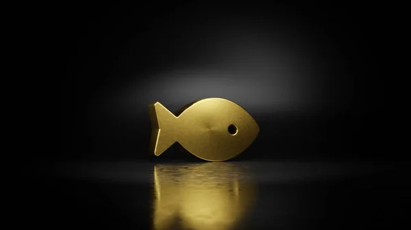 Gold metal symbol of fish 3D rendering with blurry reflection on floor with dark background — Stock Photo, Image