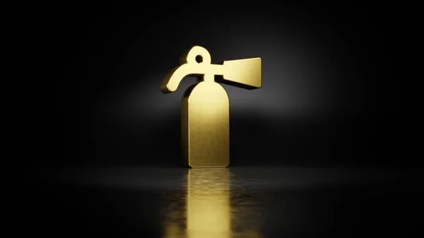 Złoty metalowy symbol gaśnicy 3d renderowania z rozmytym odbiciem na podłodze z ciemnym tle — Zdjęcie stockowe