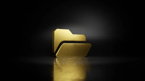 Gold metal symbol of folder open 3D rendering with blurry reflection on floor with dark background — Stock Photo, Image