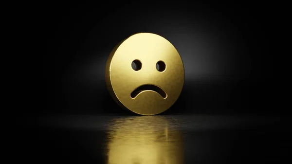 Gold metal symbol of frown 3D rendering with blurry reflection on floor with dark background — Stock Photo, Image