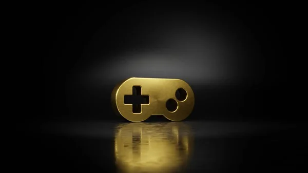 Złoty metalowy symbol gamepad 3d renderowania z rozmytym odbiciem na podłodze z ciemnym tle — Zdjęcie stockowe