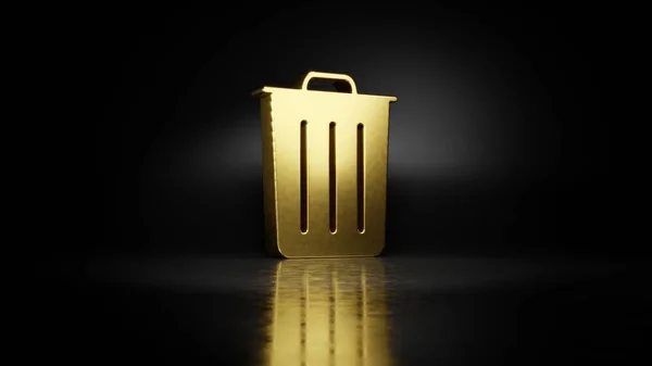 gold metal symbol of garbage 3D rendering with blurry reflection on floor with dark background