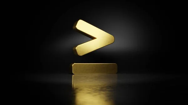 Gold metal symbol of greater than equal 3D rendering with blurry reflection on floor with dark background — Stock Photo, Image