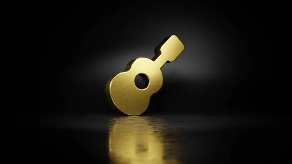 Gold metal symbol of guitar 3D rendering with blurry reflection on floor with dark background — Stock Photo, Image